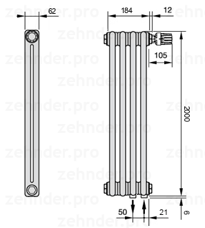 Схема (чертеж) Радиатор Zehnder Charleston 2200/4 №V002 Белый глянцевый RAL 9016